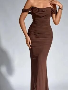 Off-Shoulder Brown Ruched Mermaid Wedding Dress